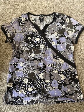 Med Couture Black & Lavender Floral Wrap Scrub Top